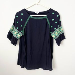 Crown and Ivy Navy Blue and Green Embroidered 1/2 Sleeve Blouse Petite Small
